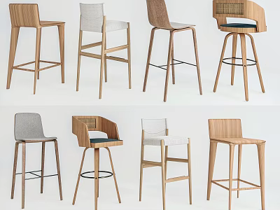 Various Modern Bar Stools With Wooden Structures And Diverse Back Designs 3d model