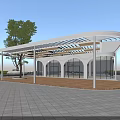 Modern Pavilion Featuring Arched Glass Walls Wooden Lattice Canopy And Trees