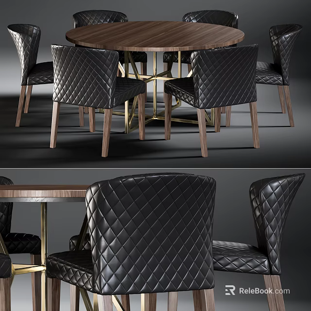 Elegant Dining Table Set With Quilted Black Leather Chairs And Metal Legs 3d model 