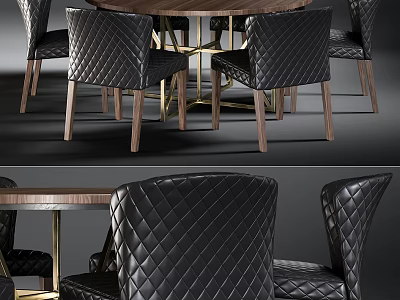 Elegant Dining Table Set With Quilted Black Leather Chairs And Metal Legs 3d model