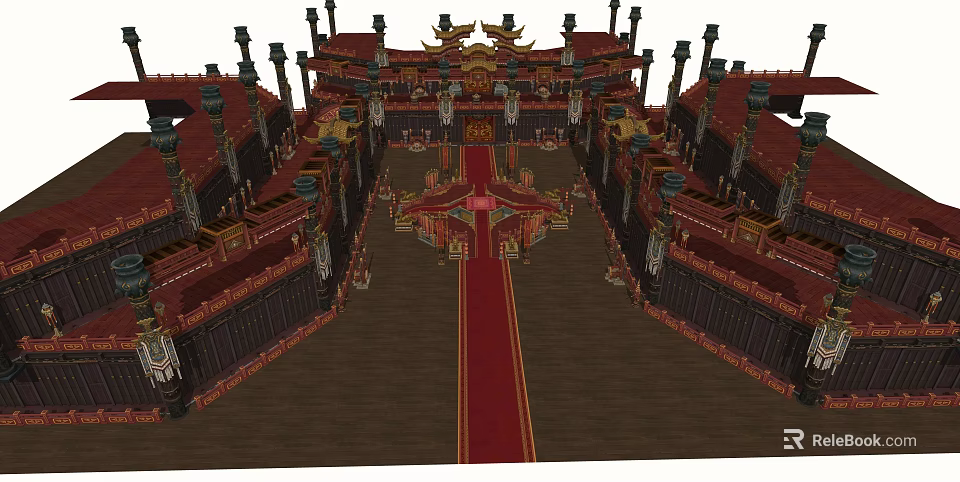 Ancient Chinese Architecture Interior With Red Carpet Golden Decorations And Ornate Eaves 3d model 