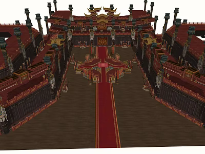 Ancient Chinese Architecture Interior With Red Carpet Golden Decorations And Ornate Eaves 3d model