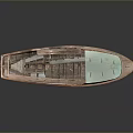 Vintage Wooden Boat Model With Brown Hull Light Green Roof And Dark Background Reflection