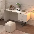 Modern White Dressing Table With Round Mirror Cosmetics Drawers And Stool 3d model