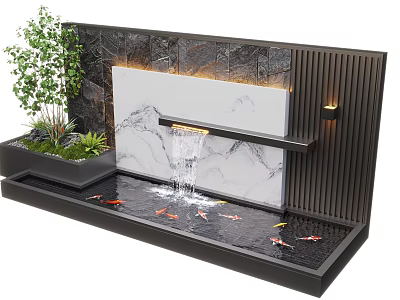 Modern Water Fountain Design With Marble Backdrop Koi Fish And Green Plants 3d model