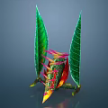 Cartoon Scene Featuring a Fantasy Creature with Green Leaf Wings and Red Yellow Patterns