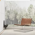 Brown Leather Lounge Chair With Metal Legs White Vertical Blinds And Green Trees