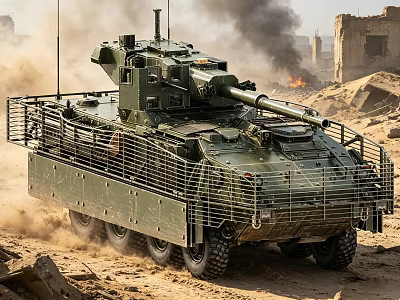 Military Tank With Armored Cage Moving Through Desert Smoke And Ruins 3d model