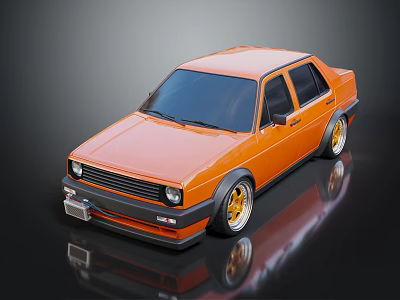 Orange Vintage Sedan With Gold Wheels And Reflective Surface On Dark Background 3d model
