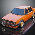 Orange Vintage Sedan With Gold Wheels And Reflective Surface On Dark Background
