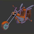 3D Model Red And Blue Custom Motorcycle With Long Handlebars And Unique Seat