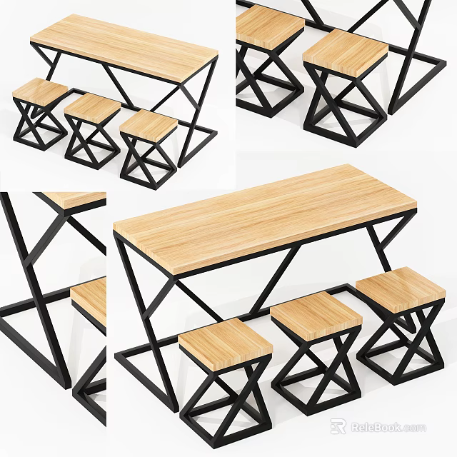 Modern Dining Table Set With Wooden Tabletop And Black Metal Frame Stools 3d model