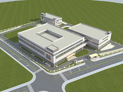 Large Modern Industrial Factory Building With Flat Roof Green Lawn And Road Access 3d model