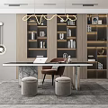Modern Study Room Interior Design With Marble Desk Brown Chair Wooden Shelves And Pendant Lights