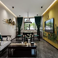 Elegant Tea House Corridor Interior With Gray Walls Decorative Paintings Round Mirror And Lighting Strips