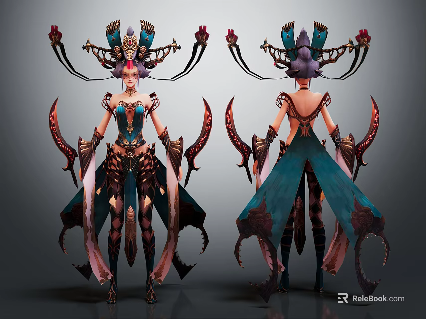 Fantasy Character And Creature Inspired Design With Ornate Headdress Clawed Weapon And Teal Costume 3d model 
