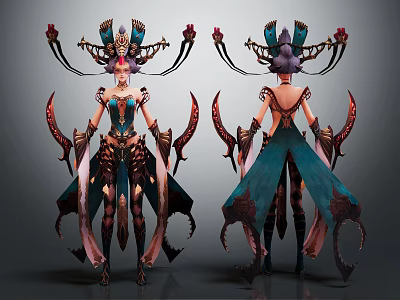 Fantasy Character And Creature Inspired Design With Ornate Headdress Clawed Weapon And Teal Costume 3d model