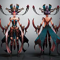 Fantasy Character And Creature Inspired Design With Ornate Headdress Clawed Weapon And Teal Costume