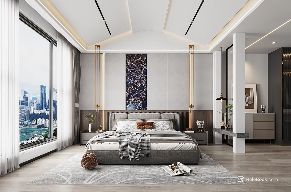 Modern Bedroom Interior With City View Bedside Artwork Gray Rug And Natural Light 3d model 