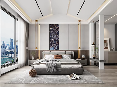 Modern Bedroom Interior With City View Bedside Artwork Gray Rug And Natural Light 3d model