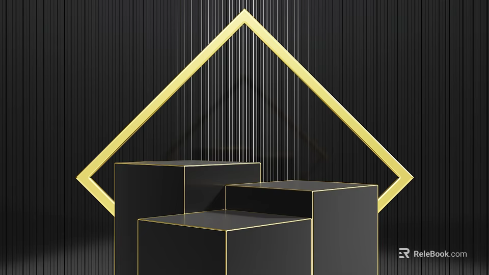 Black Cube Display Stands with Gold Triangle Frame on Black Background for Product 3d model