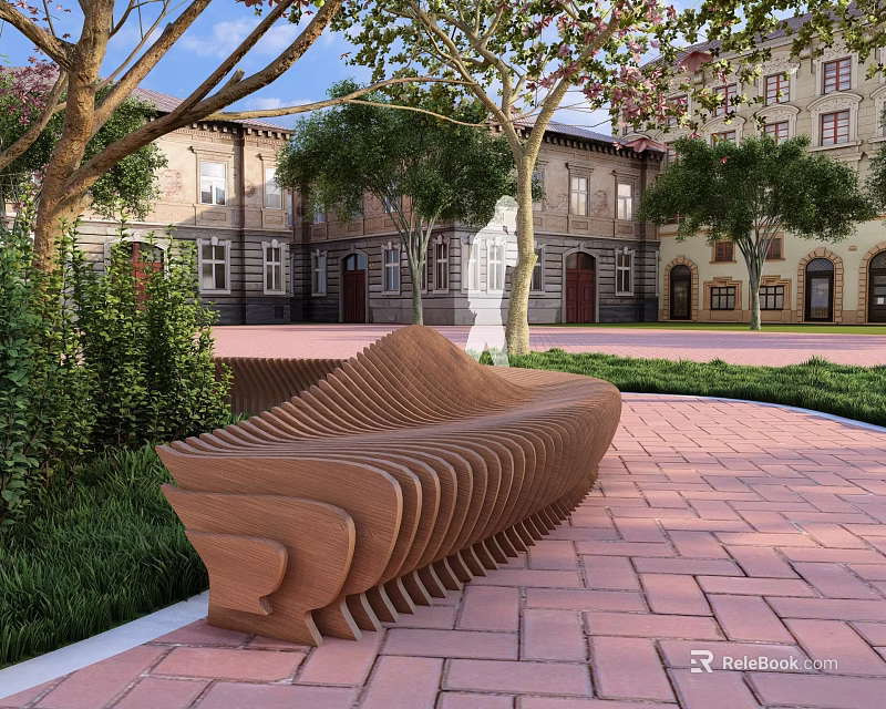 Modern Wooden Garden Bench on Red Brick Pavement with Green Plants and Classical Buildings 3d model 