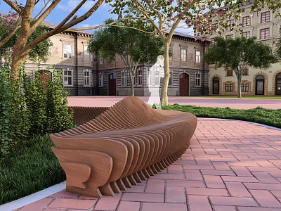 Modern Wooden Garden Bench on Red Brick Pavement with Green Plants and Classical Buildings 3d model