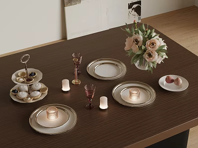 Elegant Dining Table Setup With Brown Surface Plates Candles Wine Glasses And Pink Flowers Vase 3d model