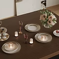 Elegant Dining Table Setup With Brown Surface Plates Candles Wine Glasses And Pink Flowers Vase