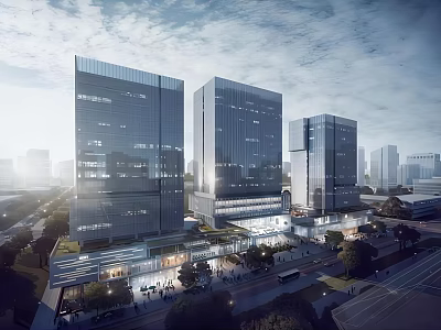 Modern Office Towers with Glass Curtain Walls in Urban Landscape and Street Pedestrians 3d model
