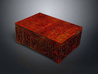 Red Decorative Storage Box With Intricate Carved Patterns And Wooden Texture 3d model