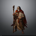Elderly Man Holding Staff And Stone Tablet Wearing Robe With Red Cloak