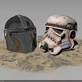 Two Stylish Helmets Metallic Silver And Pink Weathered Design On Sandy Base
