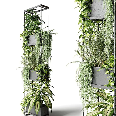 Modern Green Plant Wall With Gray Pots Hanging Plants And Metal Frame Design 3d model