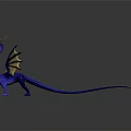 3D Blue Dragon Model with Horns and Wings Standing on Dark Background