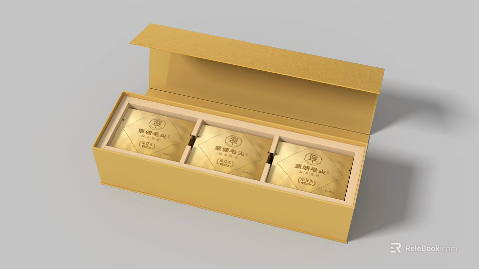 Open Luxury Golden Gift Box with Three Premium Tea Packages Inside 3d model 