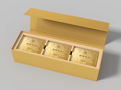 Open Luxury Golden Gift Box with Three Premium Tea Packages Inside 3d model