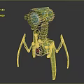 Mechanical Spider Like Creature With Blue Glowing Eye Green Blue Stripes And Spring Legs