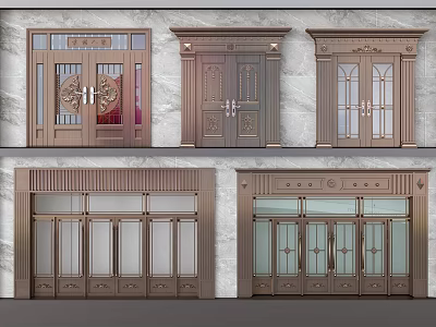 Different Styles of Elegant Entry Doors With Glass Panels Brown Copper Frames and Marble Walls 3d model