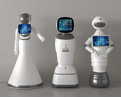 Three Smart Robots With Digital Display Screens And Various Modern Designs 3d model
