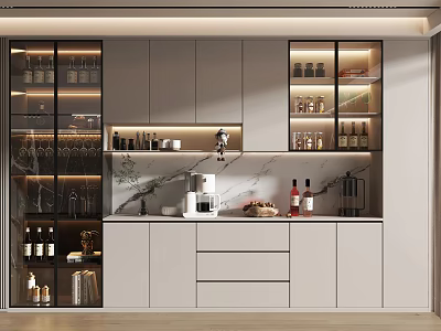 Modern Wine Cabinet Interior With Glass Doors Wine Bottles Marble Countertop And Integrated Lighting 3d model