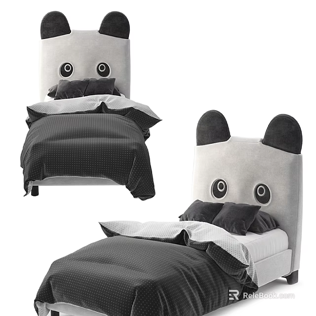 Cute Kids Bed with Panda Ear Headboard and Cartoon Eye Design Gray Bedding 3d model 