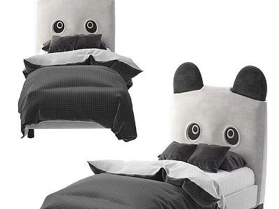 Cute Kids Bed with Panda Ear Headboard and Cartoon Eye Design Gray Bedding 3d model