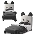 Cute Kids Bed with Panda Ear Headboard and Cartoon Eye Design Gray Bedding