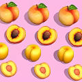 Fresh Juicy Peaches Whole And Halved With Green Leaves On Pink Background