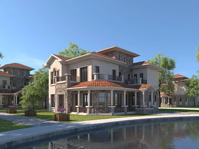 Detached Villa With Red Roof Light Colored Exterior Lawn And Waterfront View 3d model