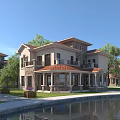 Detached Villa With Red Roof Light Colored Exterior Lawn And Waterfront View