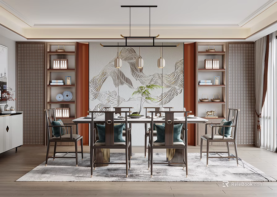 Chinese Style Restaurant Interior With Long Dining Table Chairs Bookshelves Pendant Lights And Landscape Painting 3d model 