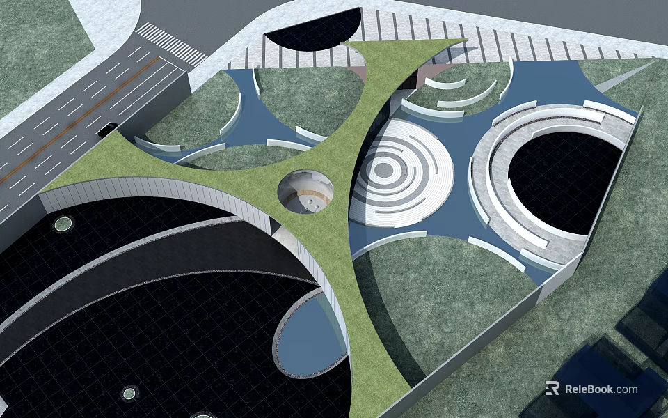 Waterfront Landscape Design Featuring Circular Plazas Green Paths And Water Elements 3d model