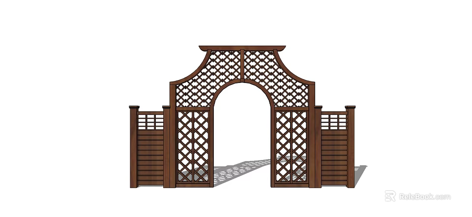 Wooden Arched Entrance Gate With Lattice Pattern And Side Panels 3d model 